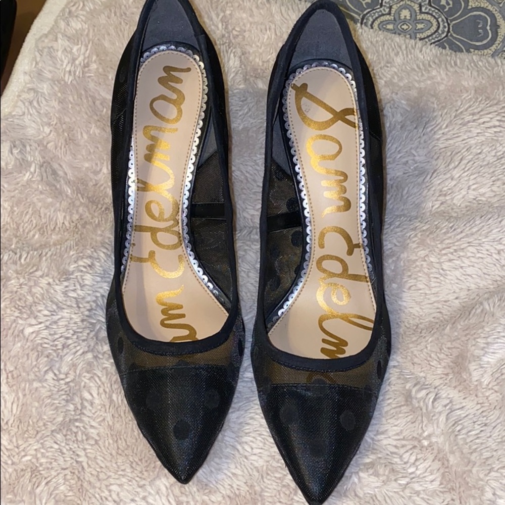 Sam Edelman black polka dot sheer pumps